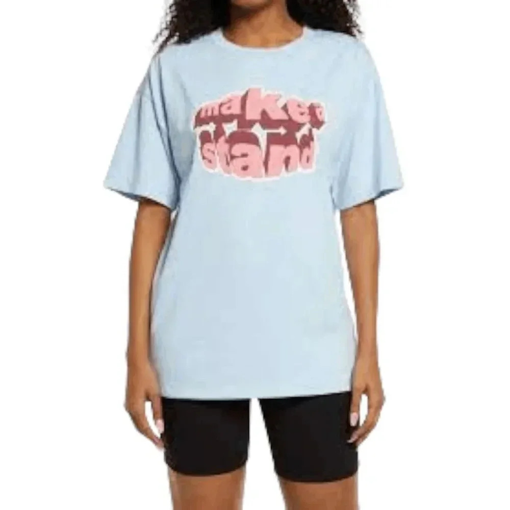 NWT BP Women's Blue Graphic Make A Stand Knit Oversized Casual Tee Size S